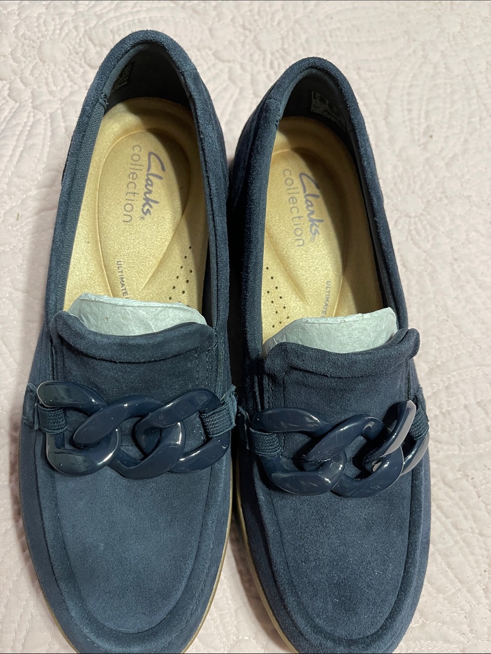 Clarks Navy Suede Link-Trim Slip-On Loafers